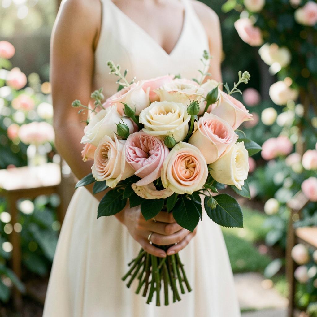 Arched bridal bouquet of garden roses and eucalyptus
