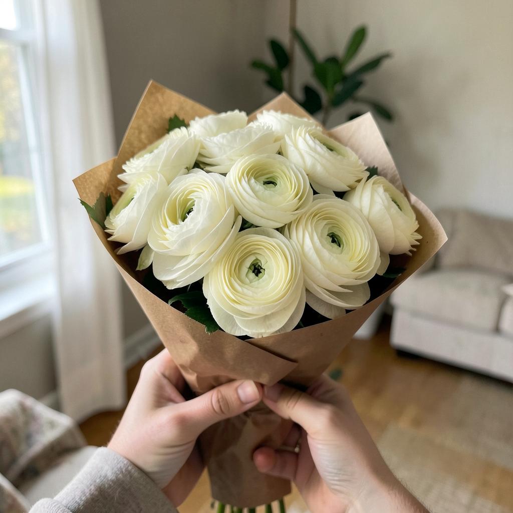 Hand-tied bouquet of cream ranunculus wrapped in kraft paper