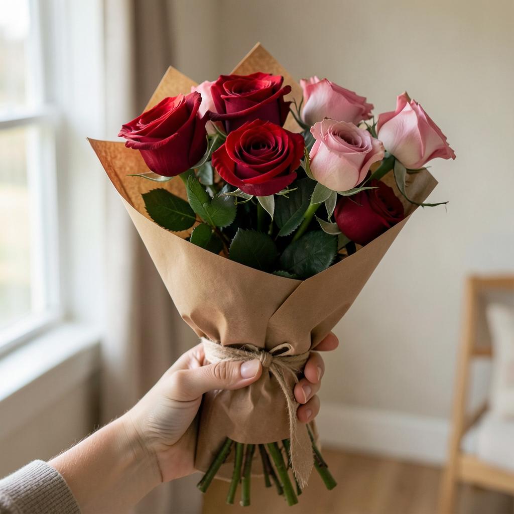 Hand-tied bouquet of red and pink roses wrapped in kraft paper