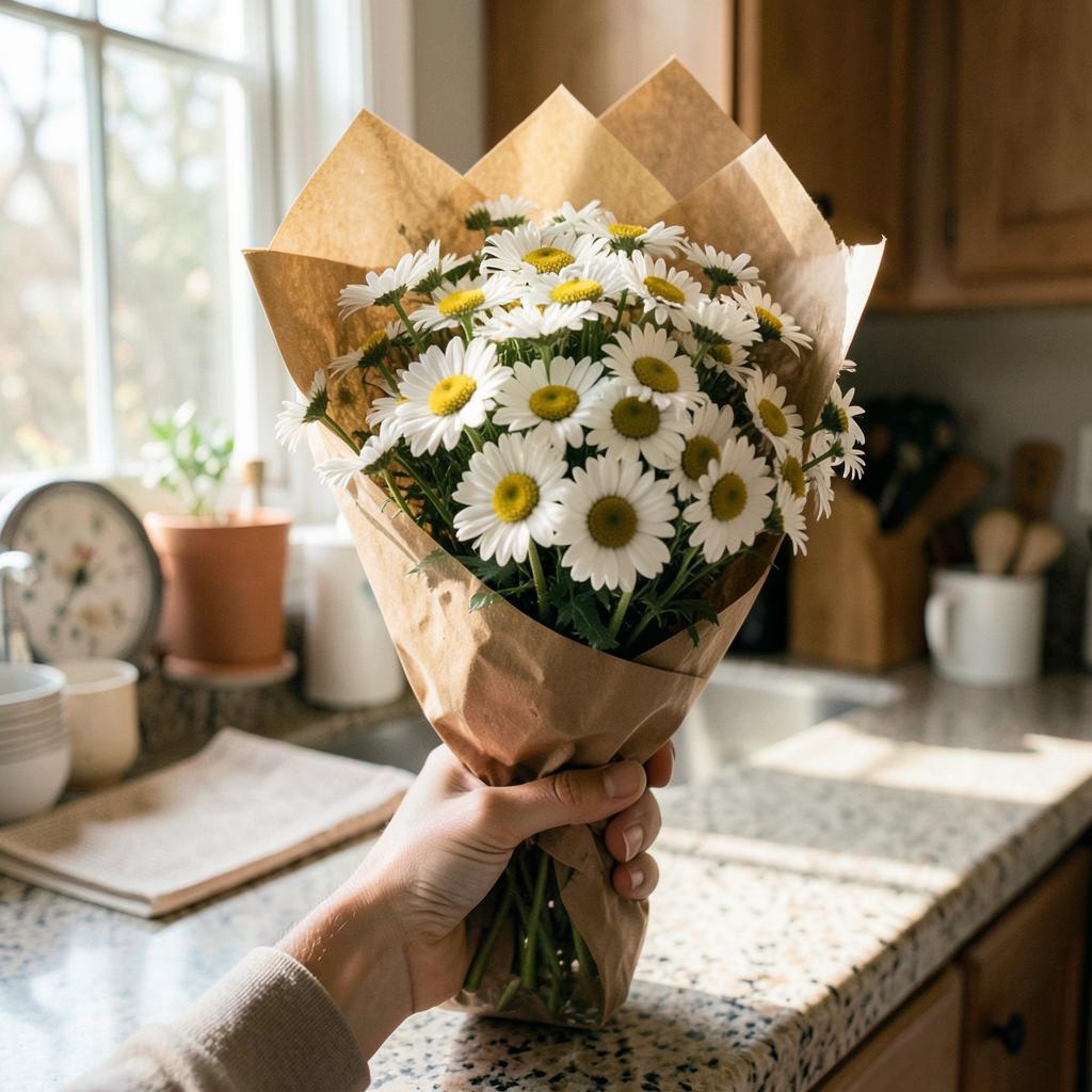 Tall loose bouquet of white daisies and greenery in kraft paper