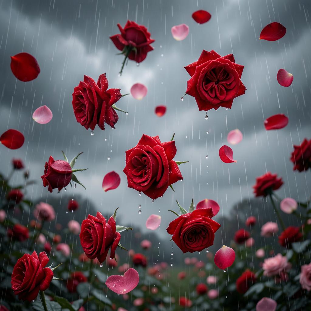 Red and pink roses falling through a gentle rain
